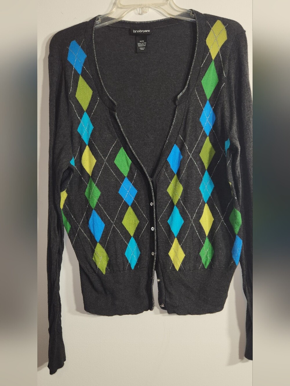 Lane Bryant Sweater Y2K Argyle Blue Yellow Green W/ Metallic Accents 14/16